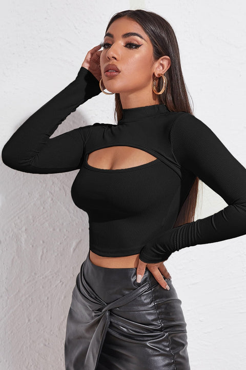 Kadın Siyah Göğüs Dekolteli Uzun Kollu Cut Out Crop Top Bluz - görsel 5