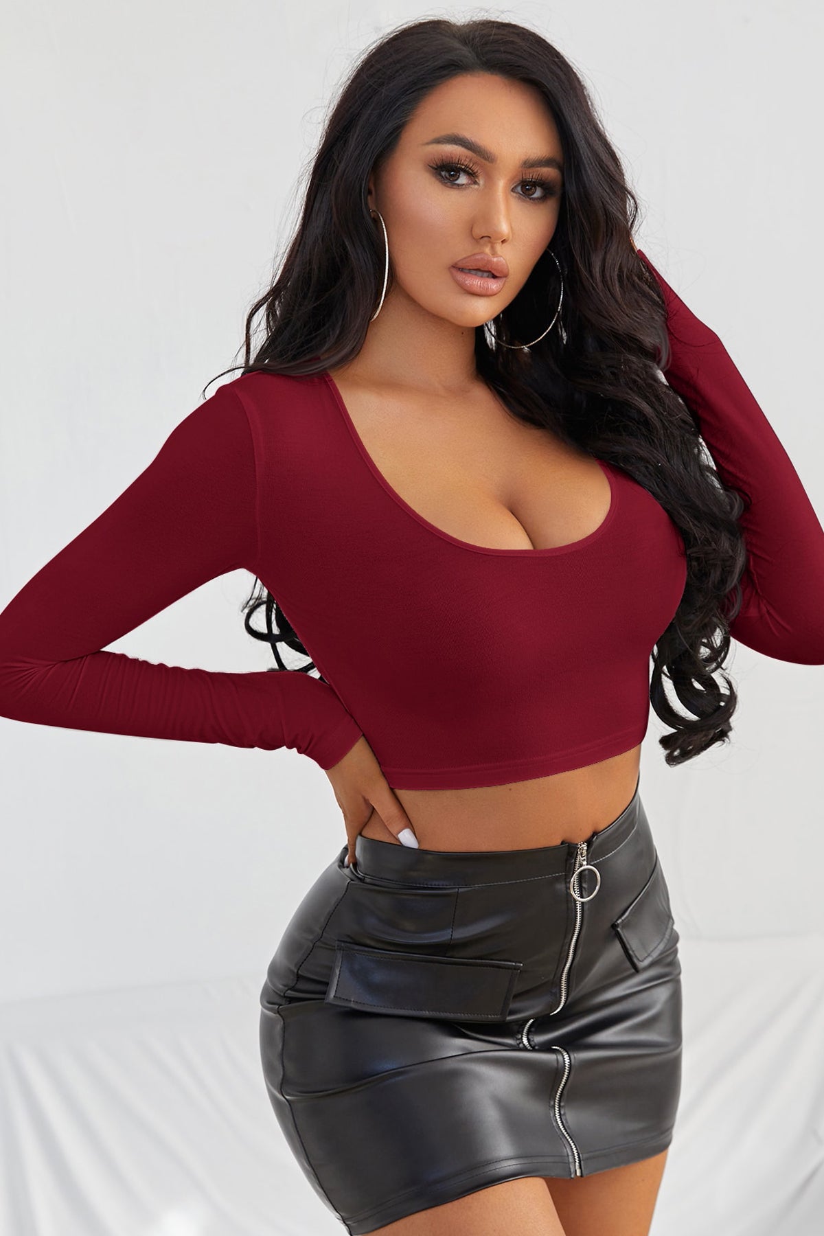 Kadın Bordo Uzun Kol Kare Yaka Crop Top Bluz - görsel 5