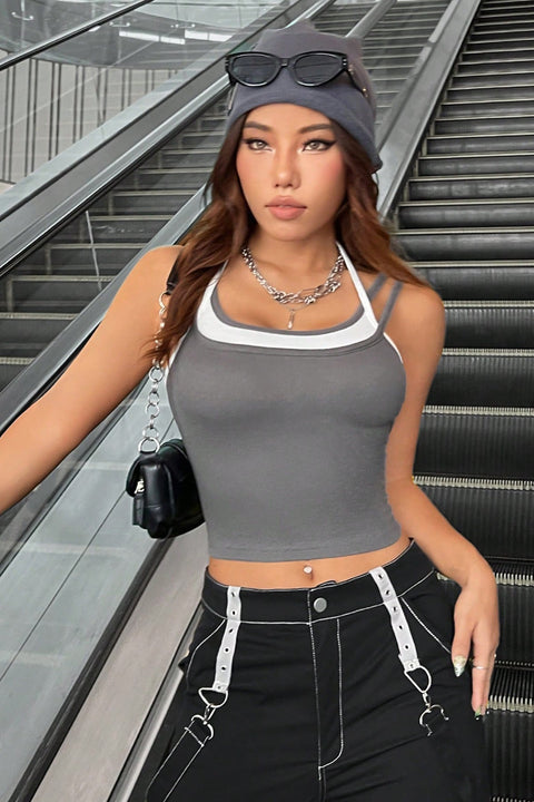 Kadın Antrasit Gri Beyaz Çift Renk Çapraz Askılı Crop Top Bluz - görsel 4