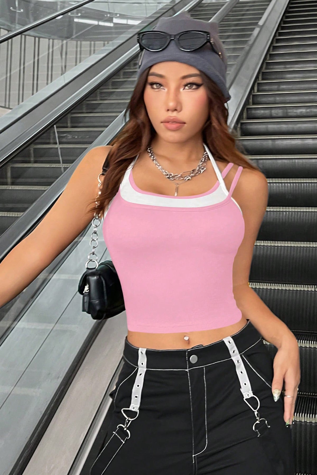 Kadın Pembe Beyaz Çift Renk Çapraz Askılı Crop Top Bluz - görsel 4