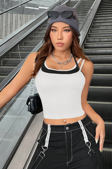 Kadın Siyah Beyaz Çift Renk Çapraz Askılı Crop Top Bluz - görsel 5