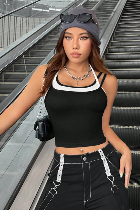 Kadın Beyaz Siyah Çift Renk Çapraz Askılı Crop Top Bluz - görsel 4