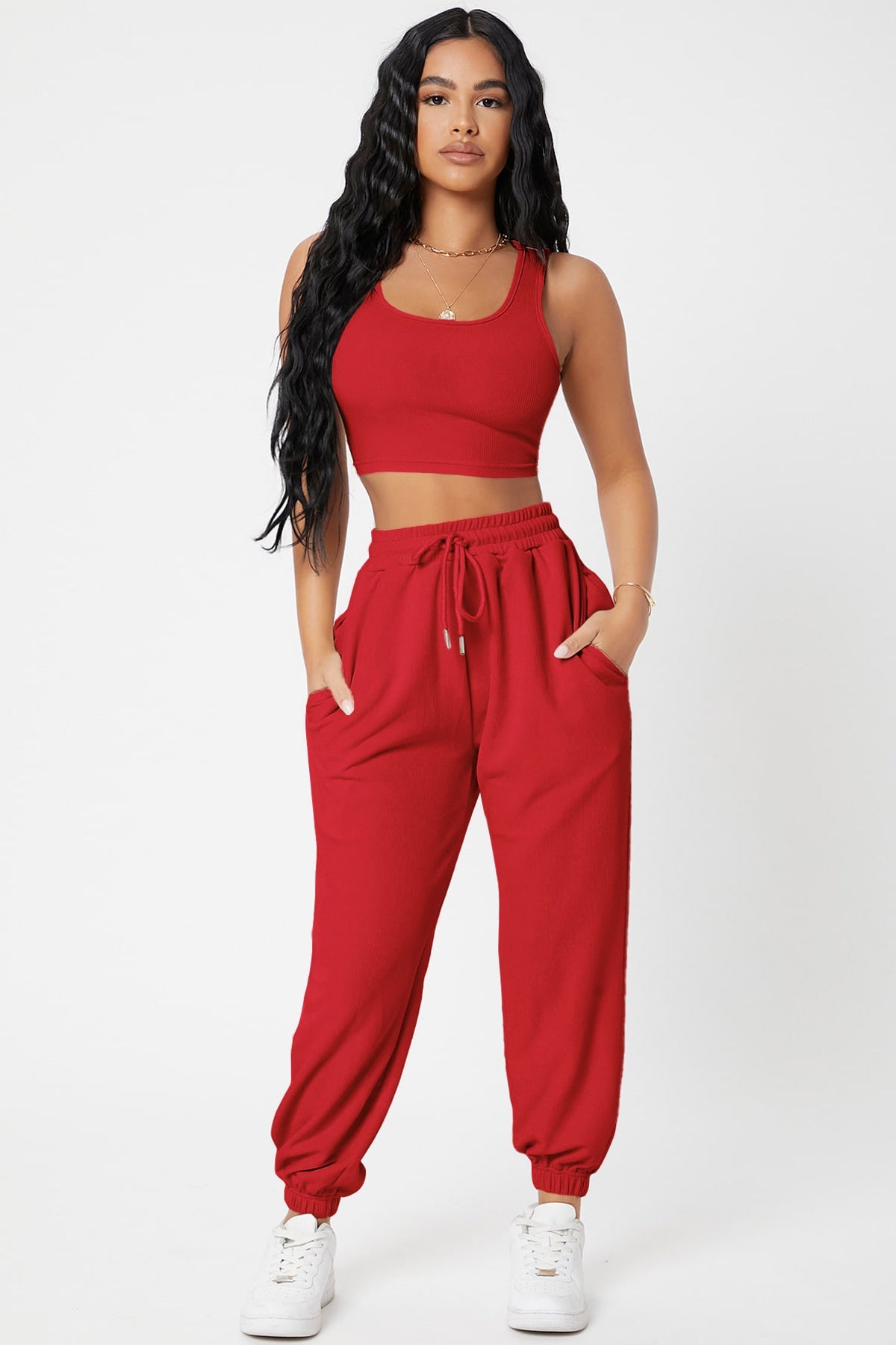 Kadın Kırmızı Kaşkorse Cepli Jogger Eşofman Altı ve Crop Top Bluz - görsel 5
