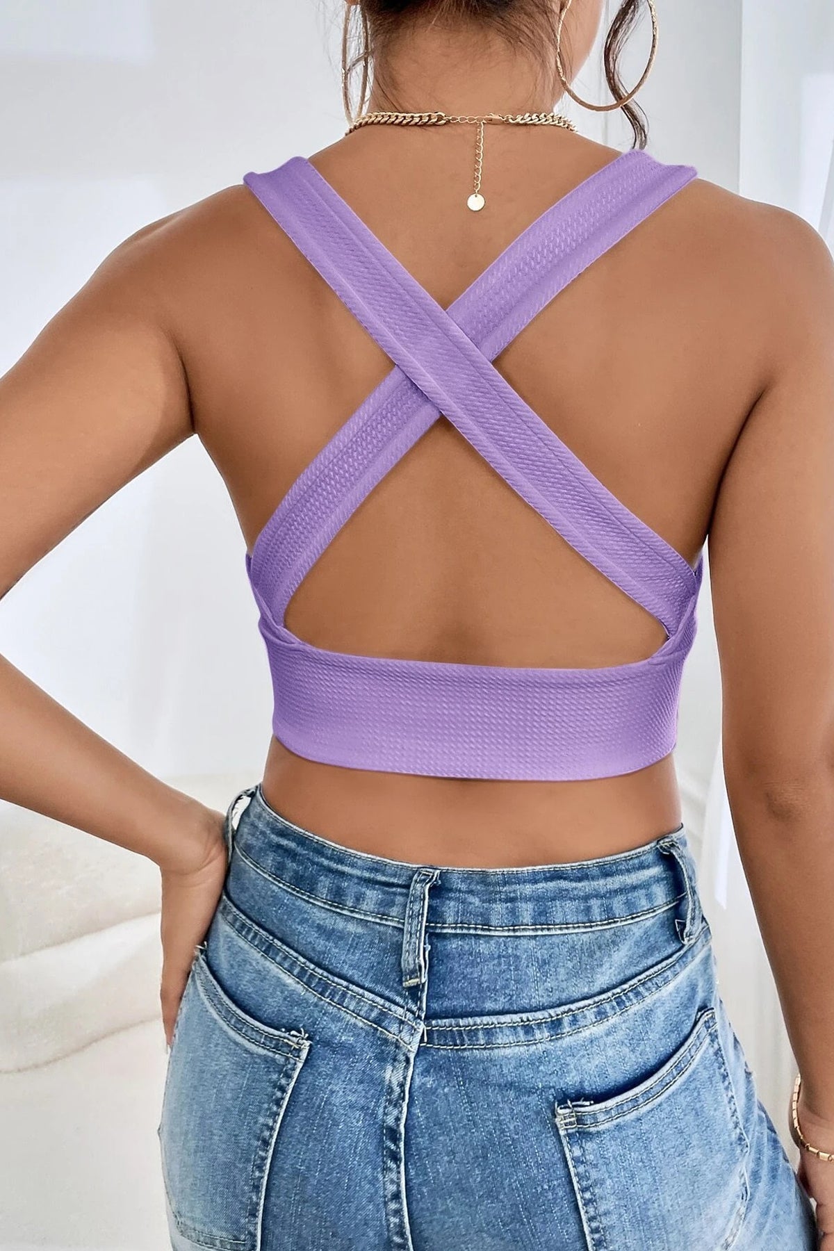 Kadın Lila Çapraz Sırt Detaylı Şık Crop Top Büstiyer - görsel 5