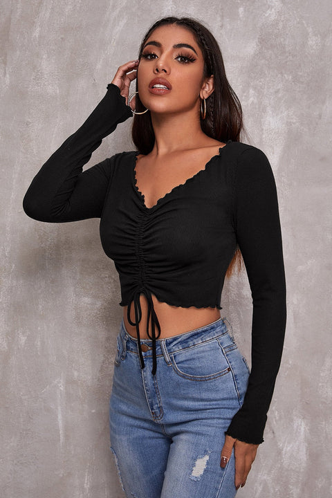 Kadın Siyah Uzun Kollu Büzdürme Bağcık Detaylı Crop Top Bluz - görsel 5
