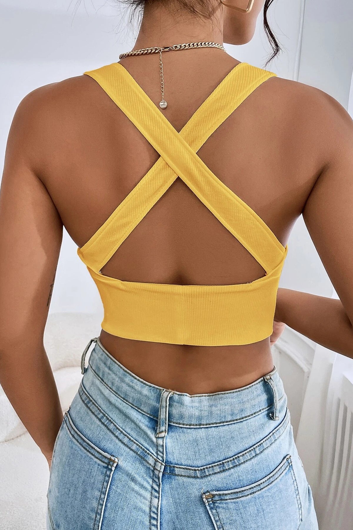 Kadın Sarı Çapraz Sırt Detaylı Şık Crop Top Büstiyer - görsel 5