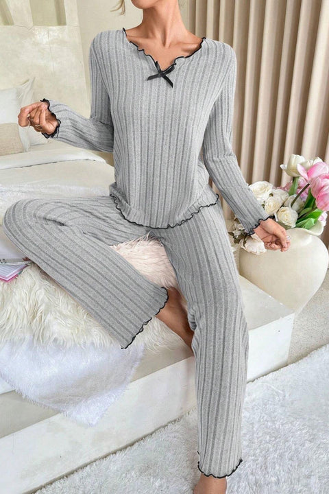 Kadın Gri Çizgili Uzun Kollu Fiyonk Detaylı Pijama Takımı Rahat Mevsimlik - görsel 5