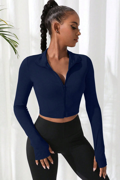 Kadın Lacivert Uzun Kol Fermuarlı Parmak Geçme Detaylı Dik Yaka Crop Top Bluz - görsel 3
