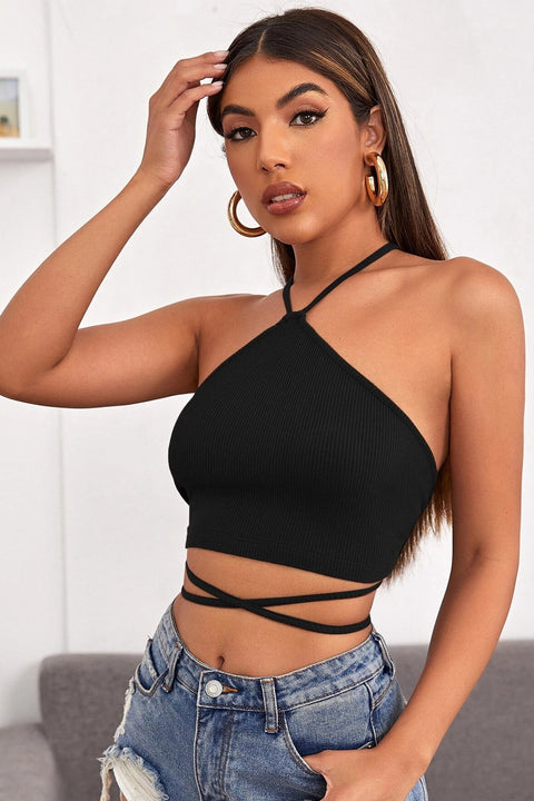 Kadın Siyah Sırtı Açık Boyundan Çapraz Bağlamalı Crop Top Bluz - görsel 5
