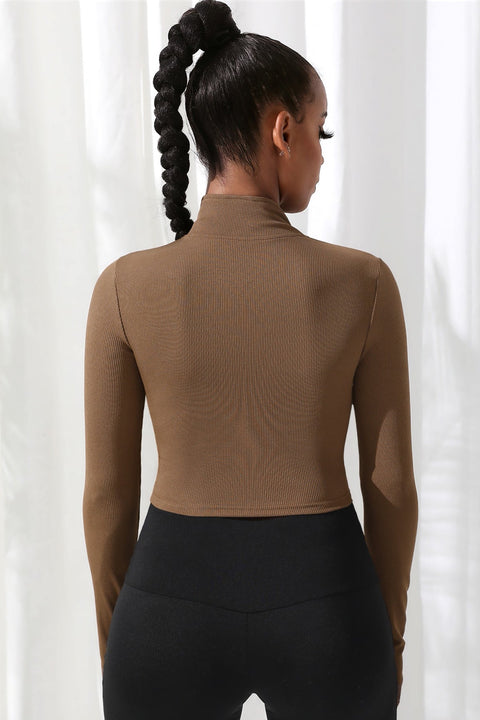 Kadın Kahverengi Uzun Kol Fermuarlı Parmak Geçme Detaylı Dik Yaka Crop Top Bluz - görsel 5