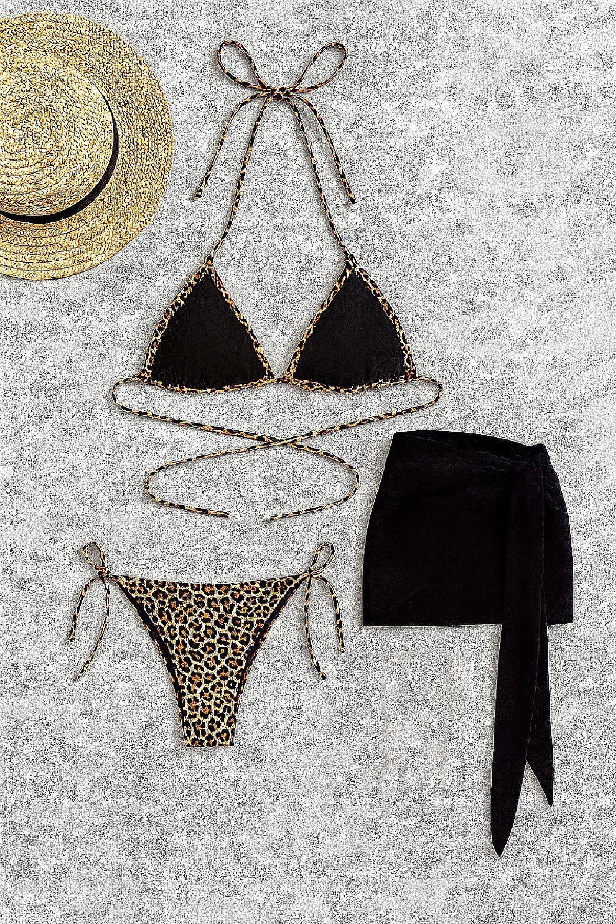 Kadın Siyah ve Leopar Desenli Pareolu 3'lü Bikini Takımı - görsel 5