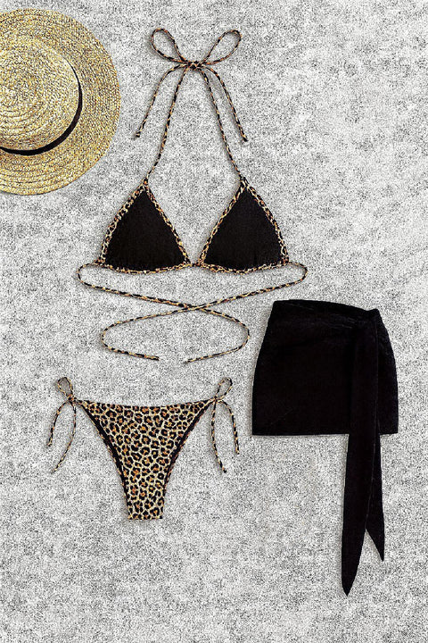 Kadın Siyah ve Leopar Desenli Pareolu 3'lü Bikini Takımı - görsel 5