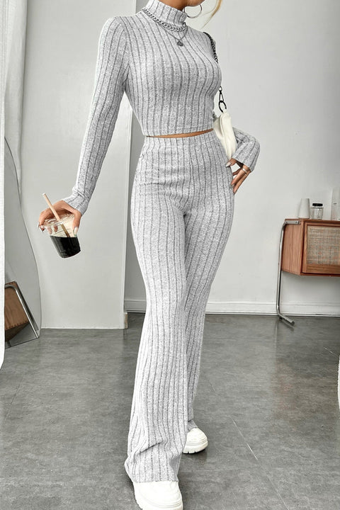 Kadın Gri Çizgili Boğazlı Crop Top ve Yüksek Bel Pantolon Takım - görsel 5