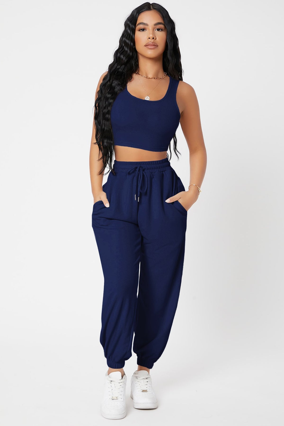 Kadın Lacivert Kaşkorse Cepli Jogger Eşofman Altı ve Crop Top Bluz - görsel 5