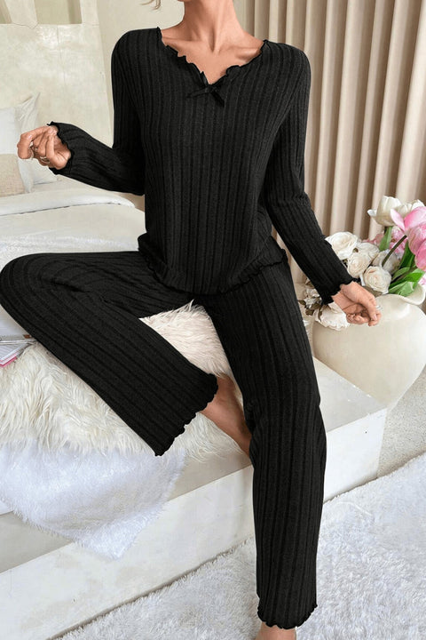 Kadın Siyah Uzun Kollu Fiyonklu Yuvarlak Yaka Mevsimlik Pijama Takımı - görsel 5