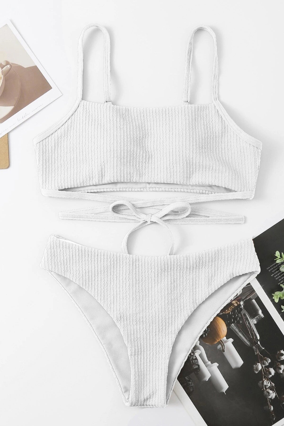 Kadın Beyaz Çapraz Bağlama Detaylı Yüksek Bel Bikini Takımı - görsel 4