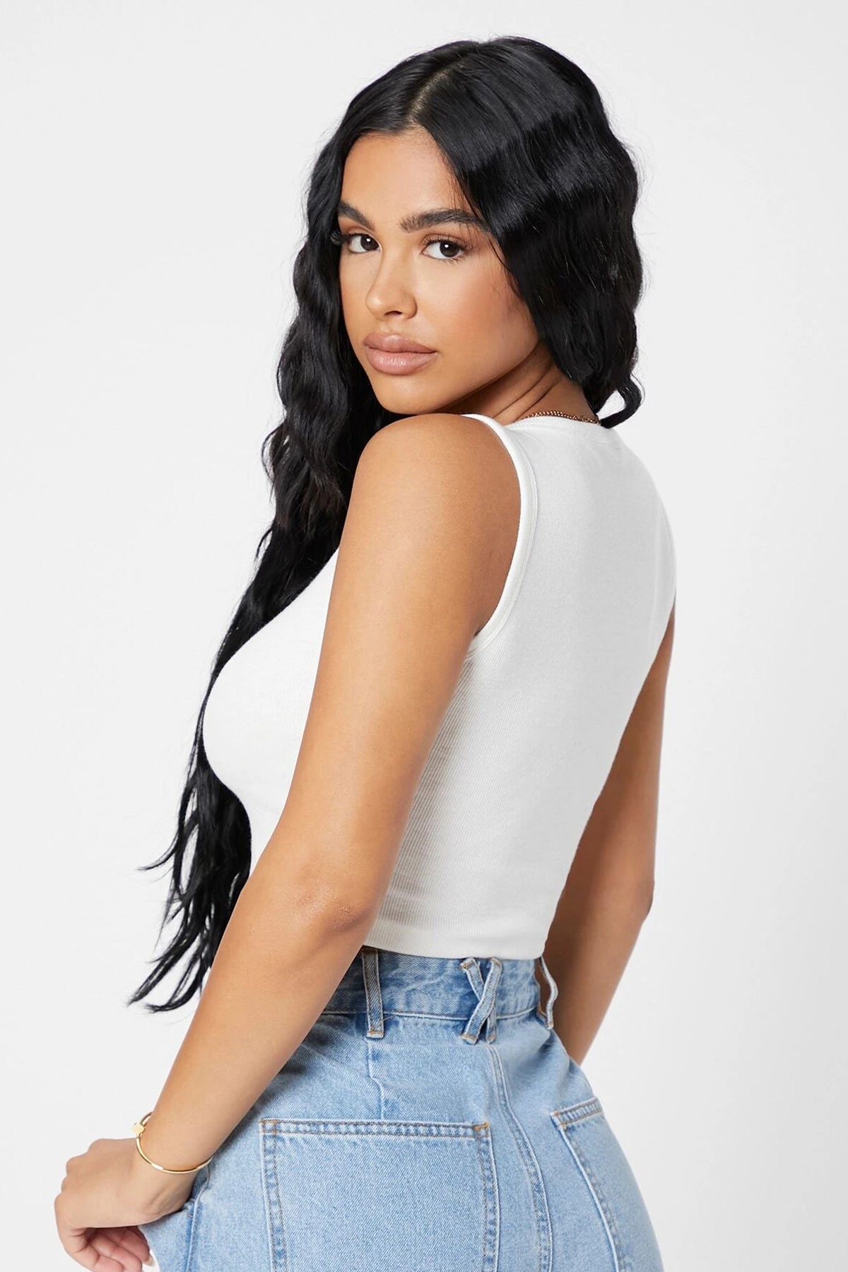 Kadın Beyaz Kare Yaka Crop Top Bluz - görsel 2