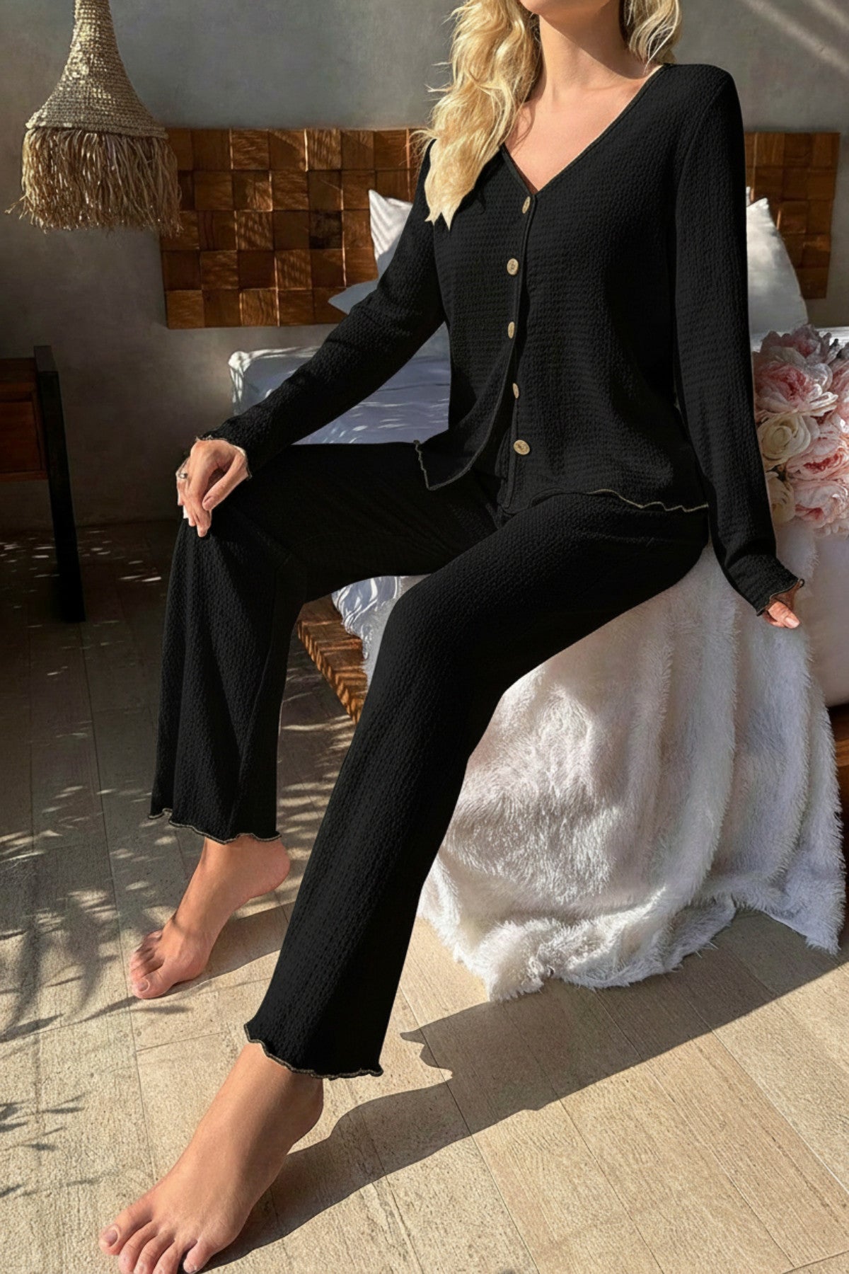 Premium Kadın Fitilli Pijama Takımı – Siyah Gold Biye Detaylı, Yumuşak Dokulu Ev Şıklığı - görsel 6
