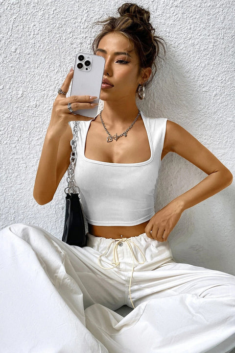 Kadın Beyaz Kare Yaka Kalınlaşan Omuz Detaylı Crop Top Bluz - görsel 6