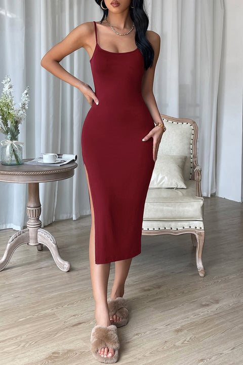 Kadın Bordo Yırtmaçlı Diz Altı Vücüdu Saran Gecelik - görsel 6