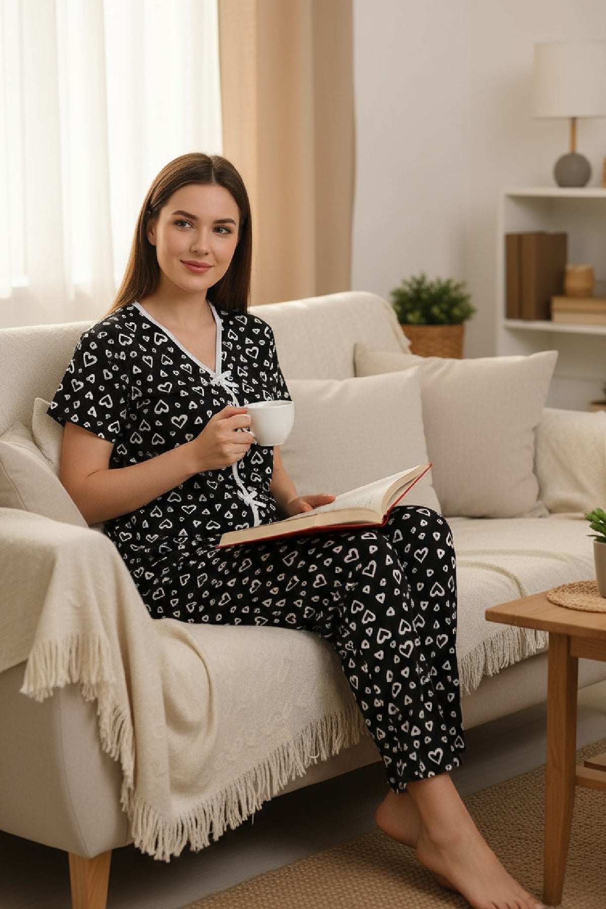 Kadın Siyah Kalp Desenli Fiyonklu Kısa Kollu Uzun Pijama Takımı - görsel 6