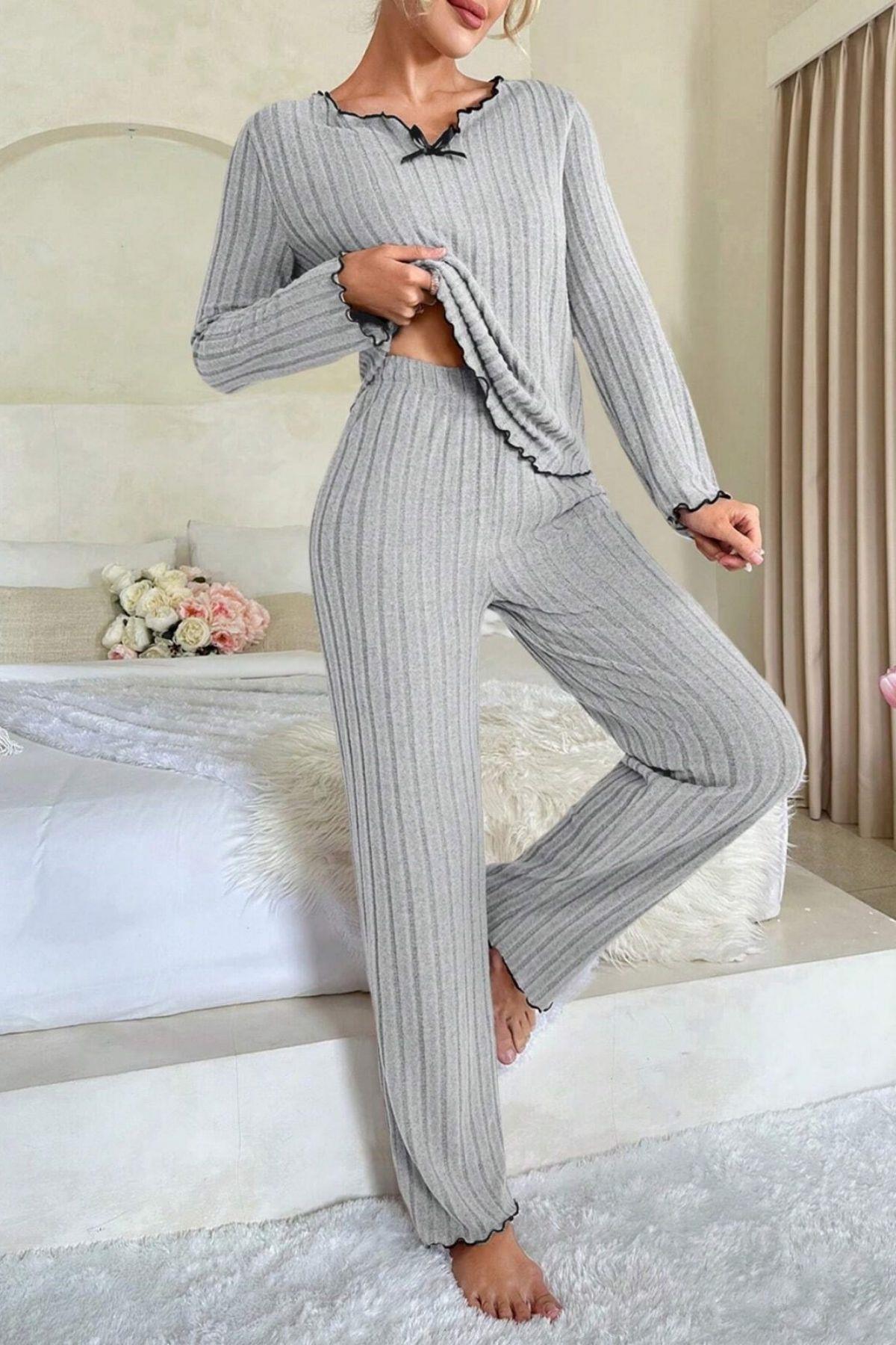 Kadın Gri Çizgili Uzun Kollu Fiyonk Detaylı Pijama Takımı Rahat Mevsimlik - görsel 6
