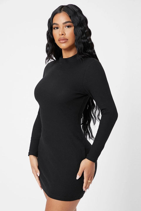 Kadın Siyah Kaşkorse Balıkçı Yaka Uzun Kollu Bodycon Mini Elbise - görsel 5