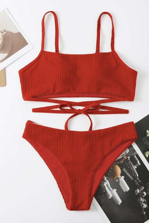 Kadın Kırmızı Çapraz Bağlama Detaylı Yüksek Bel Bikini Takımı - görsel 5
