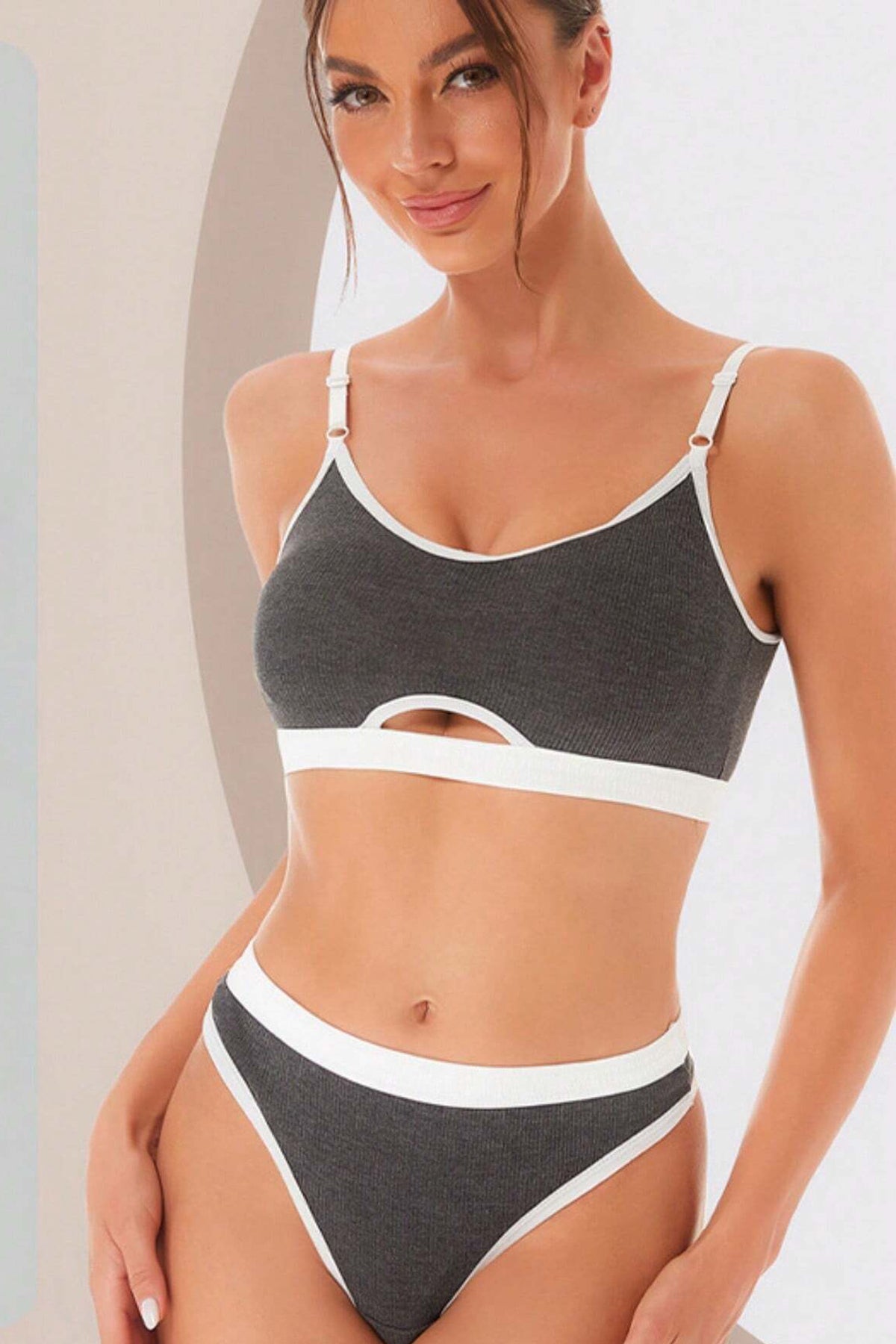 Kadın Gri Antrasit Kaşkorse ve Beyaz Lastikli Cut-Out Tanga Külotlu Takım - görsel 6