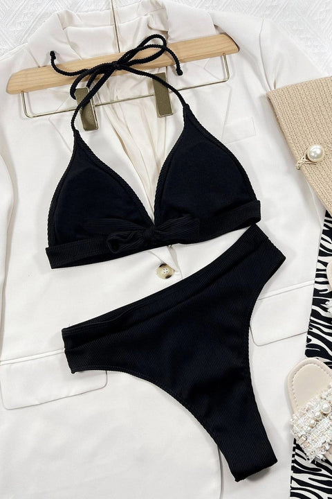 Kadın Siyah Boyundan Ve Belden Bağlamalı Yüksek Bel Bikini Takımı - görsel 6