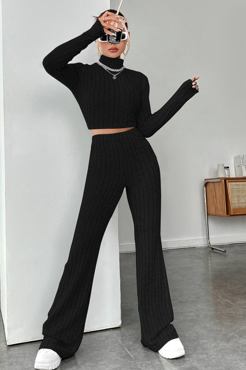 Kadın Siyah Boğazlı Crop Top ve Yüksek Bel Eşofman Takımı Spor Şık Kombin - görsel 6