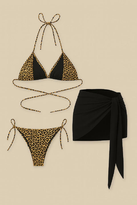 Kadın Siyah ve Leopar Desenli Pareolu 3'lü Bikini Takımı - görsel 6