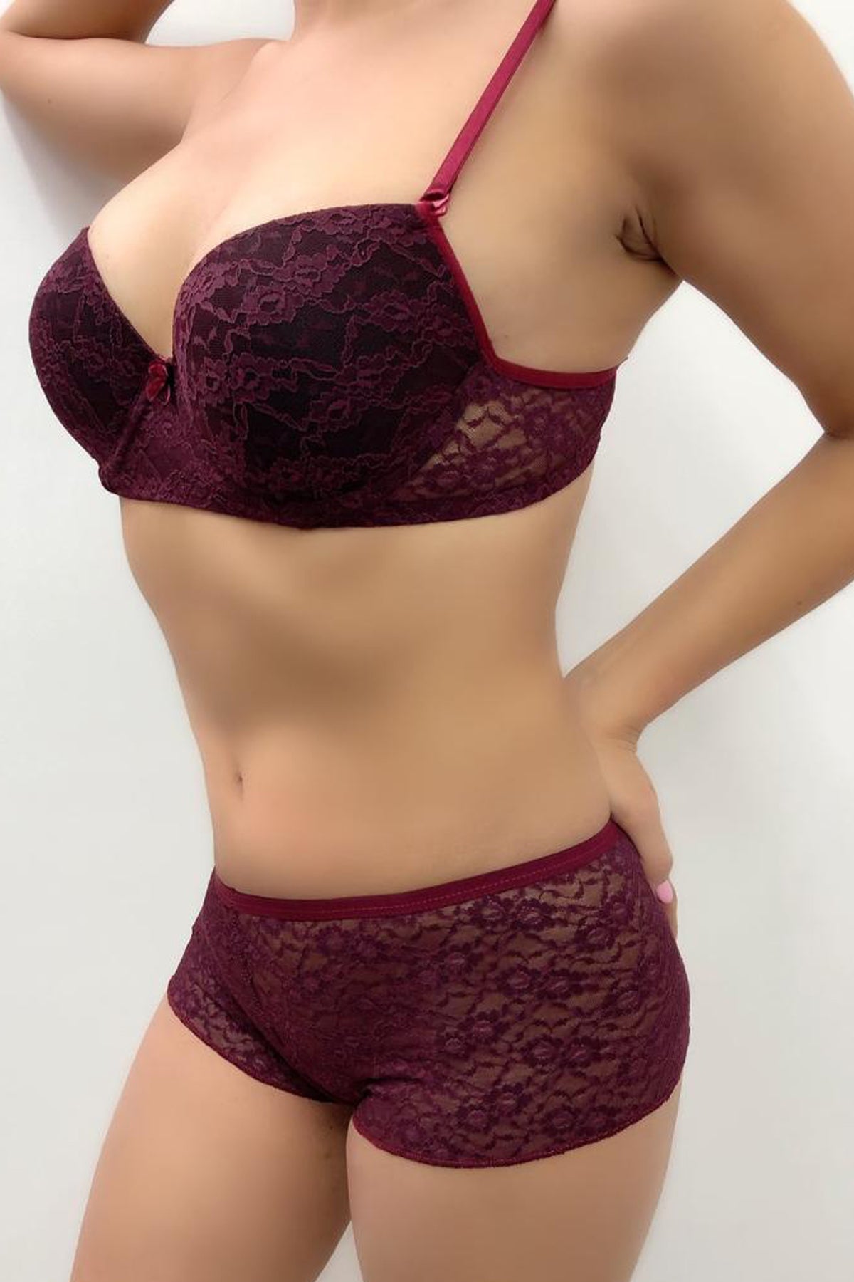 Kadın Bordo Push-Up Şortlu Dantelli Sütyen Takımı - görsel 1