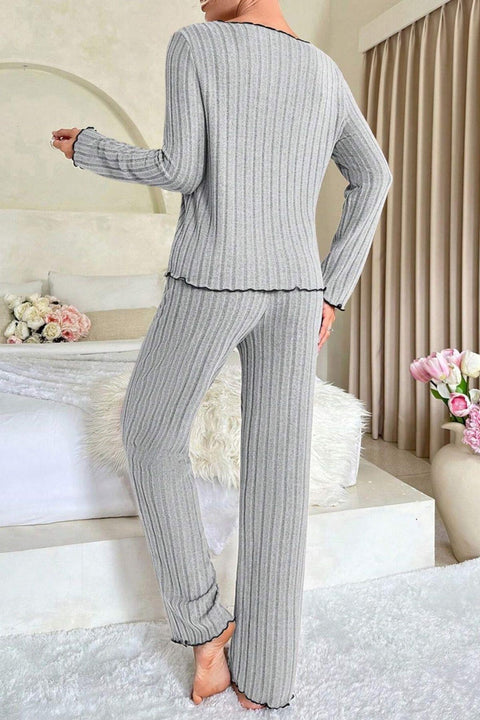 Kadın Gri Çizgili Uzun Kollu Fiyonk Detaylı Pijama Takımı Rahat Mevsimlik - görsel 7