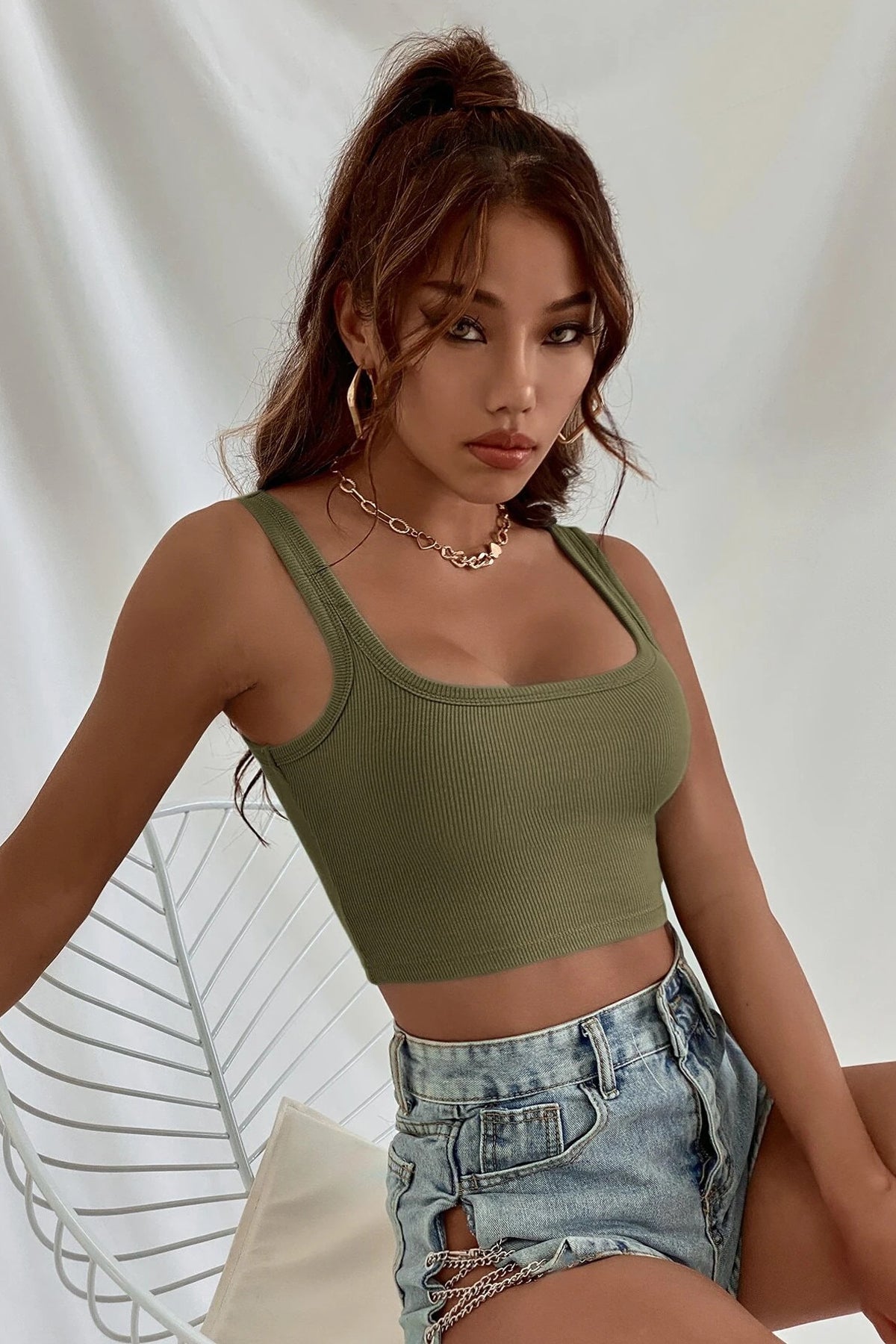 Kadın Haki Yeşili Kalın Askılı Crop Top Büstiyer - görsel 7