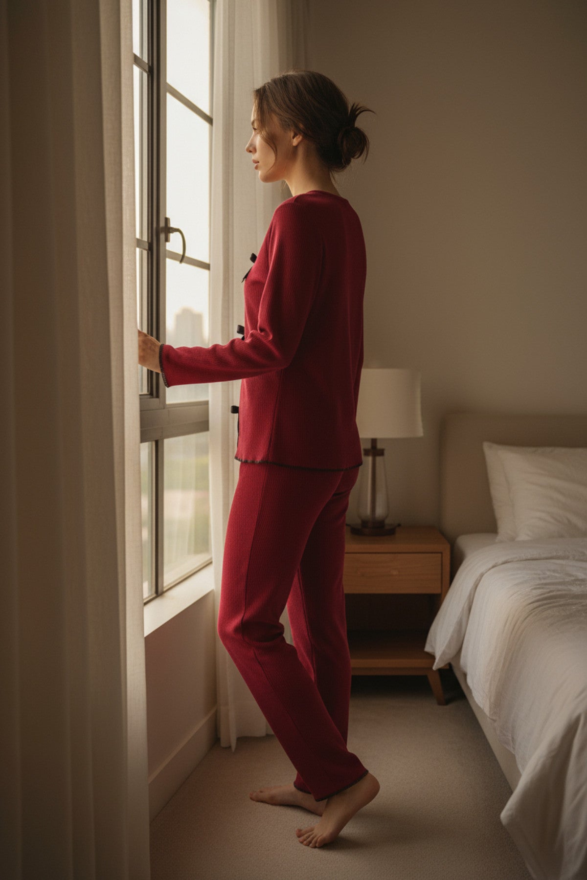 Kadın Bordo Fiyonklu İç Çamaşırı ve Uzun Kollu V Yaka Pijama Takımı 4'lü Set - görsel 7