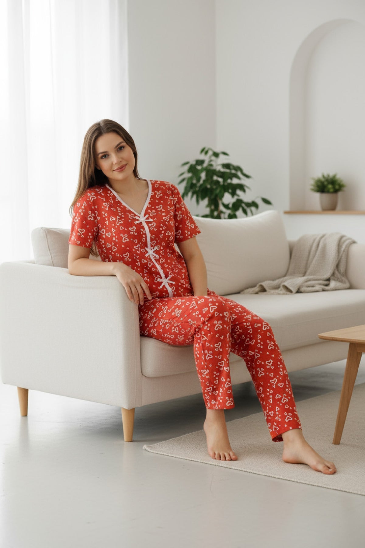 Kadın Turuncu Kalp Desenli Fiyonklu Kısa Kollu Uzun Pijama Takımı - görsel 7