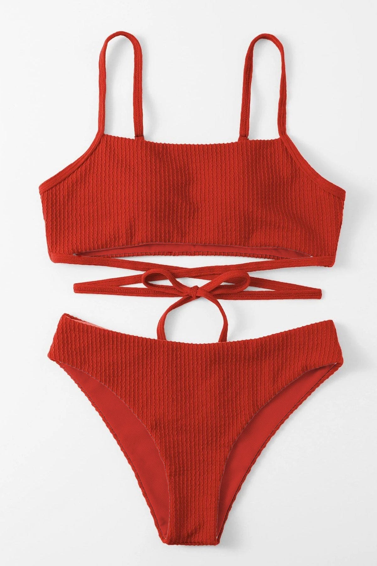Kadın Kırmızı Çapraz Bağlama Detaylı Yüksek Bel Bikini Takımı - görsel 6