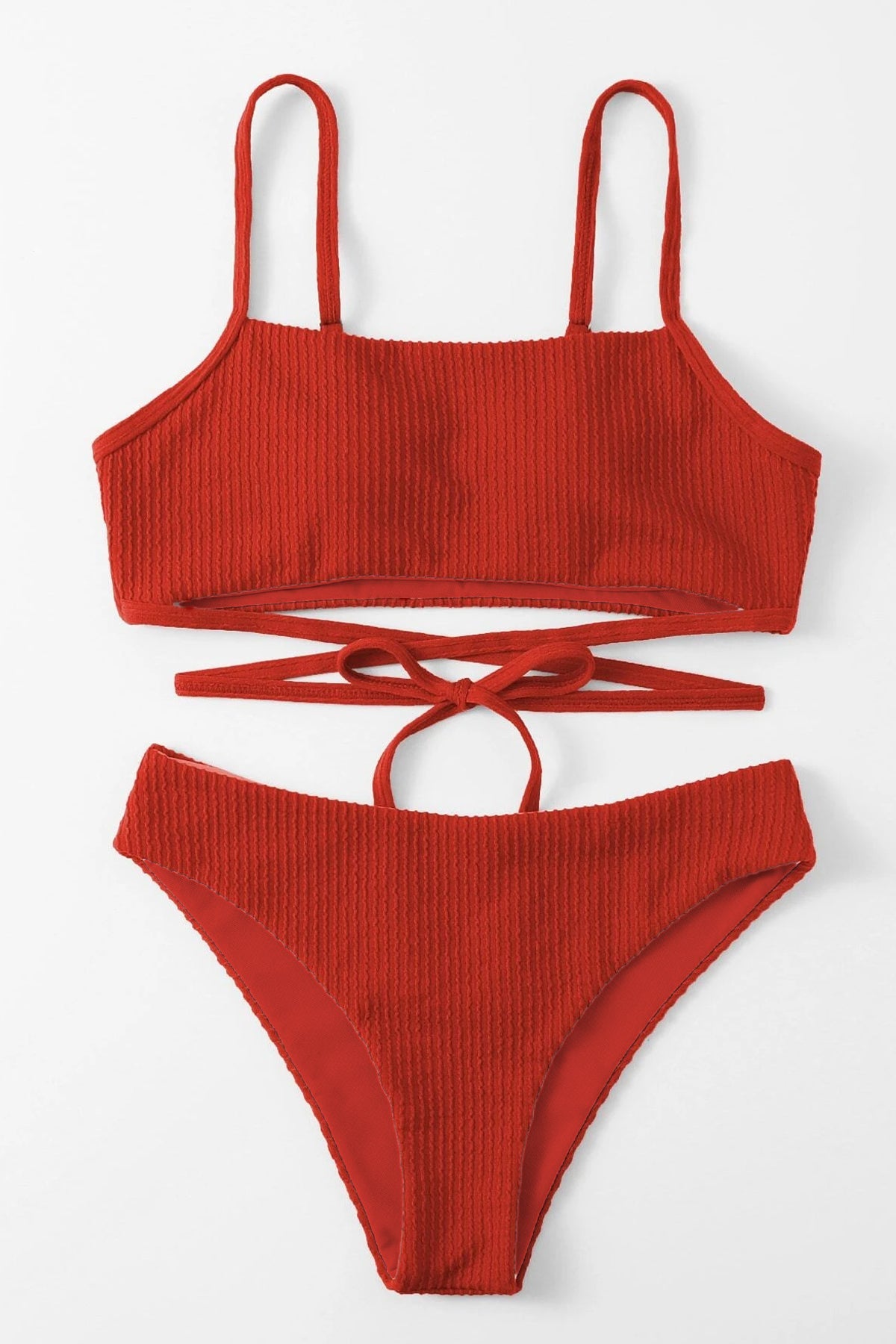 Kadın Kırmızı Çapraz Bağlama Detaylı Yüksek Bel Bikini Takımı - görsel 6