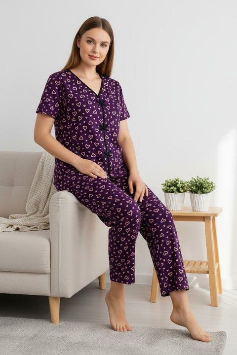 Kadın Mor Kalp Desenli Fiyonklu Kısa Kollu Uzun Pijama Takımı - görsel 7