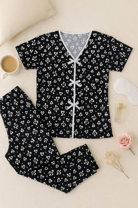 Kadın Siyah Beyaz Kalp Desenli Fiyonklu Kısa Kollu Pijama Takımı - görsel 7