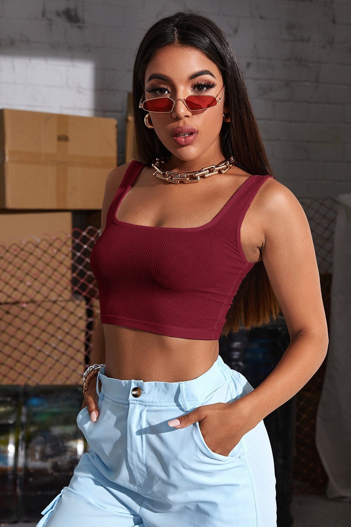 Kadın Bordo Kalın Askılı Crop Top Büstiyer - görsel 3