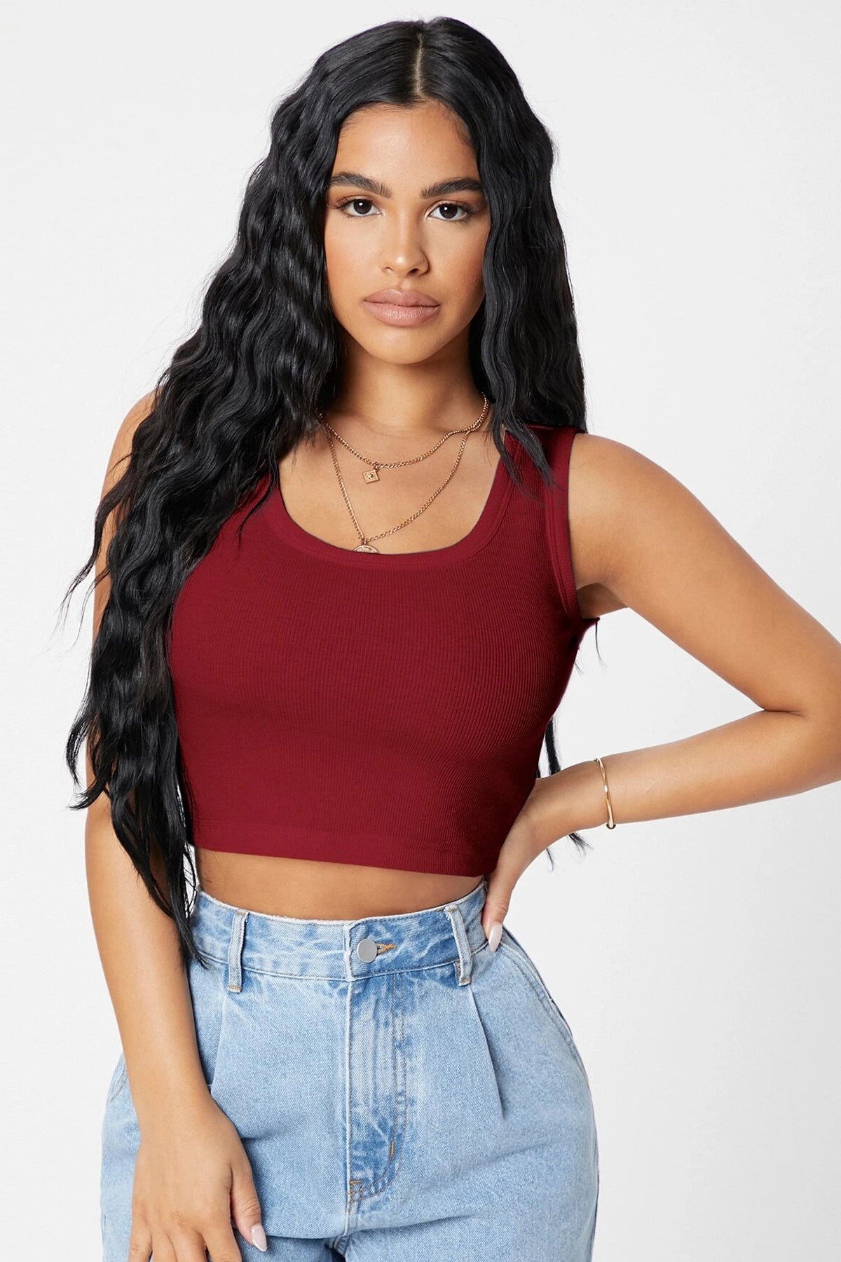 Kadın Bordo Kare Yaka Crop Top Bluz - görsel 4