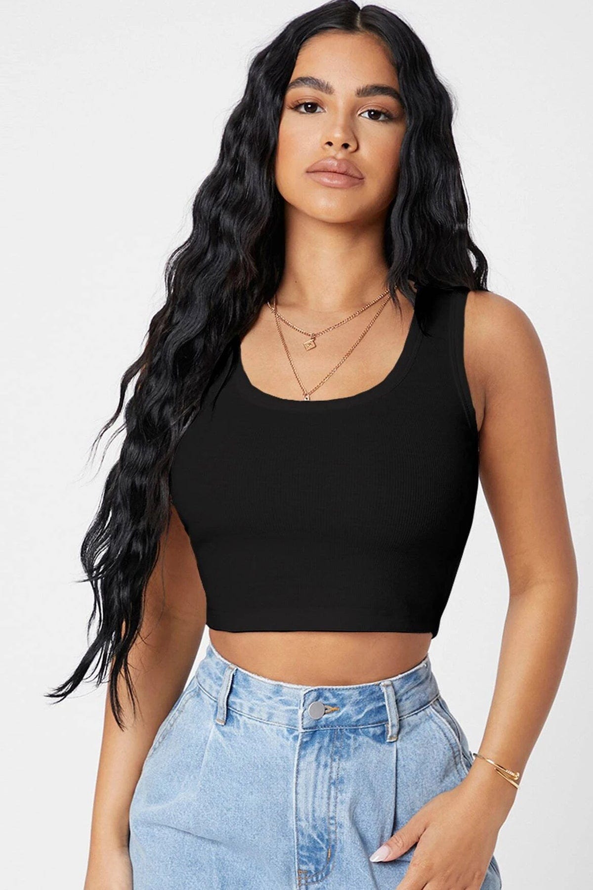 Kadın Siyah Kare Yaka Crop Top Bluz - görsel 1