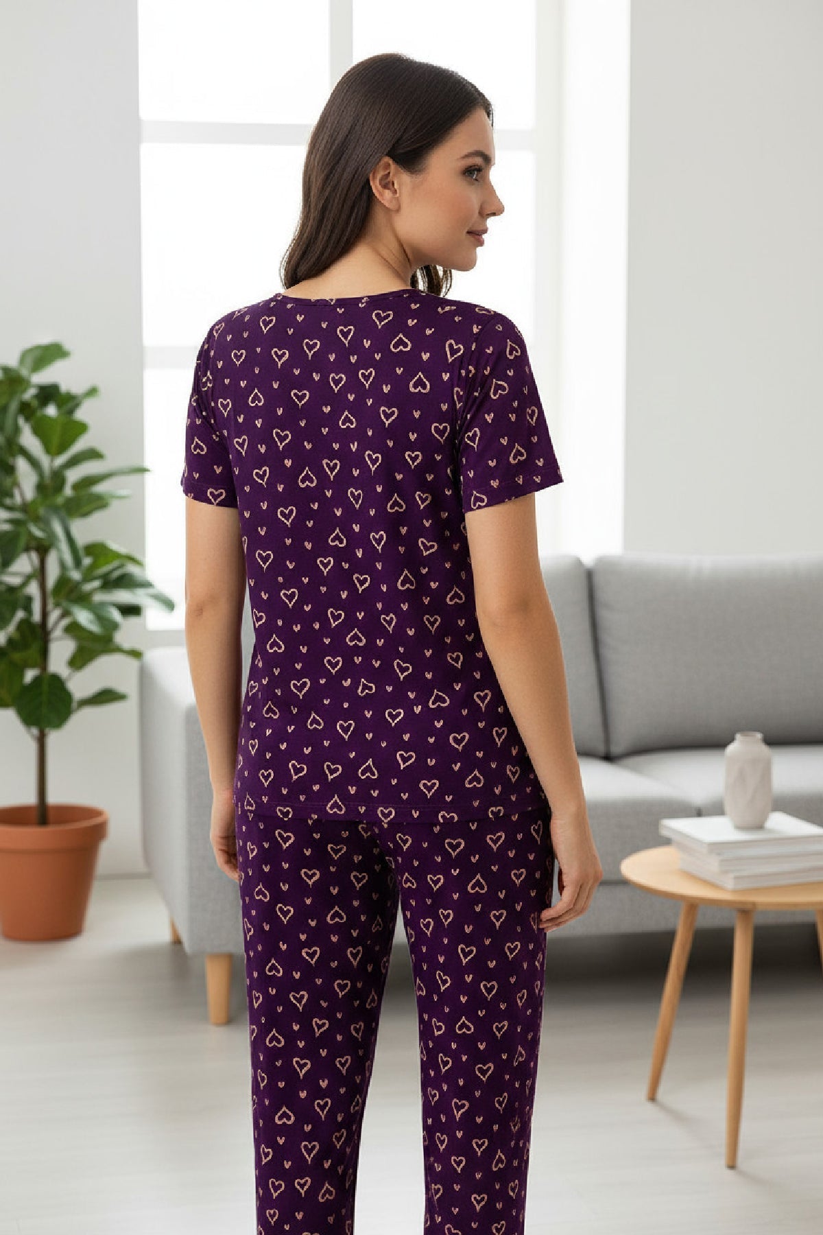 Kadın Mor Kalp Desenli Fiyonklu Kısa Kollu Uzun Pijama Takımı - görsel 8