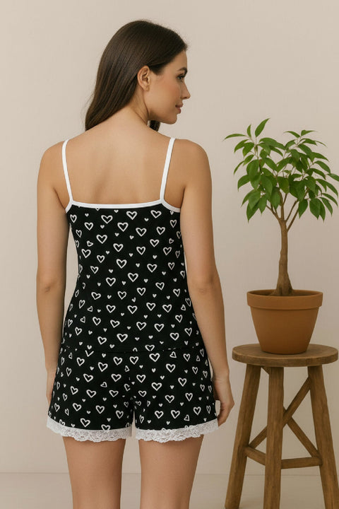 Kadın Siyah Kalp Desenli Askılı Şortlu Dantelli Pijama Takımı - görsel 8