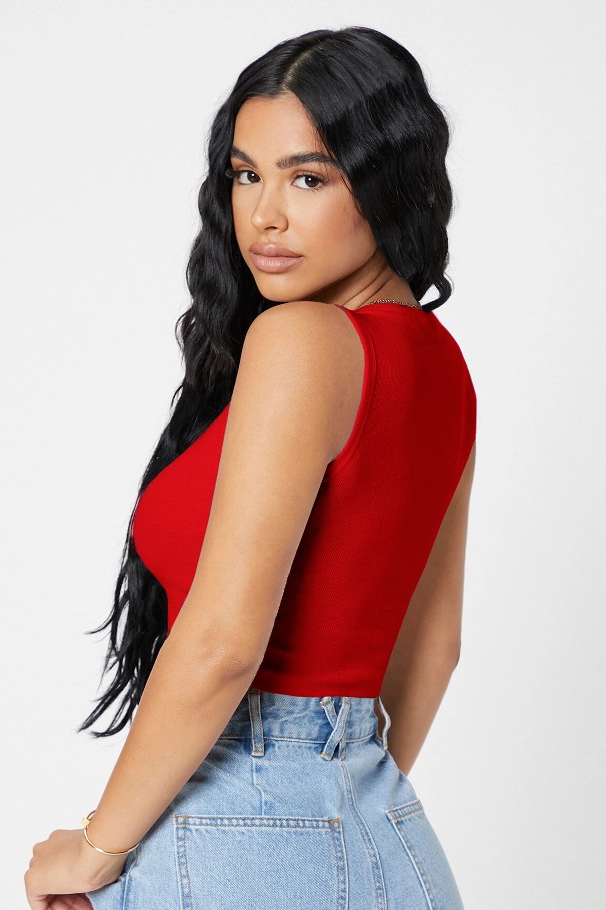 Kadın Kırmızı Kare Yaka Crop Top Bluz - görsel 2