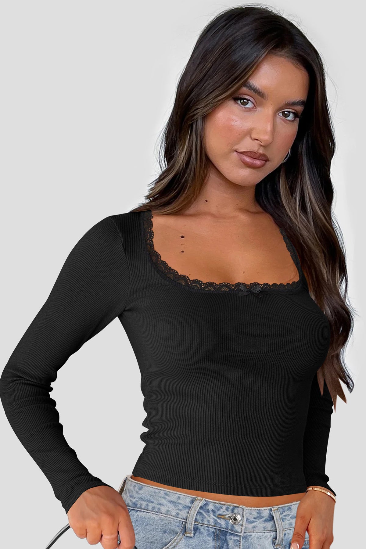 Kadın Siyah Kare Yaka Dantelli Uzun Kollu Crop Top Bluz - görsel 9