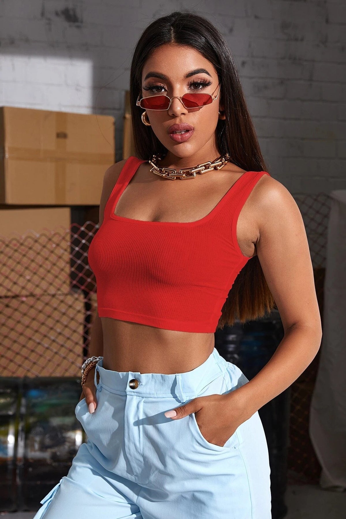 Kadın Kırmızı Kalın Askılı Crop Top Büstiyer - görsel 1