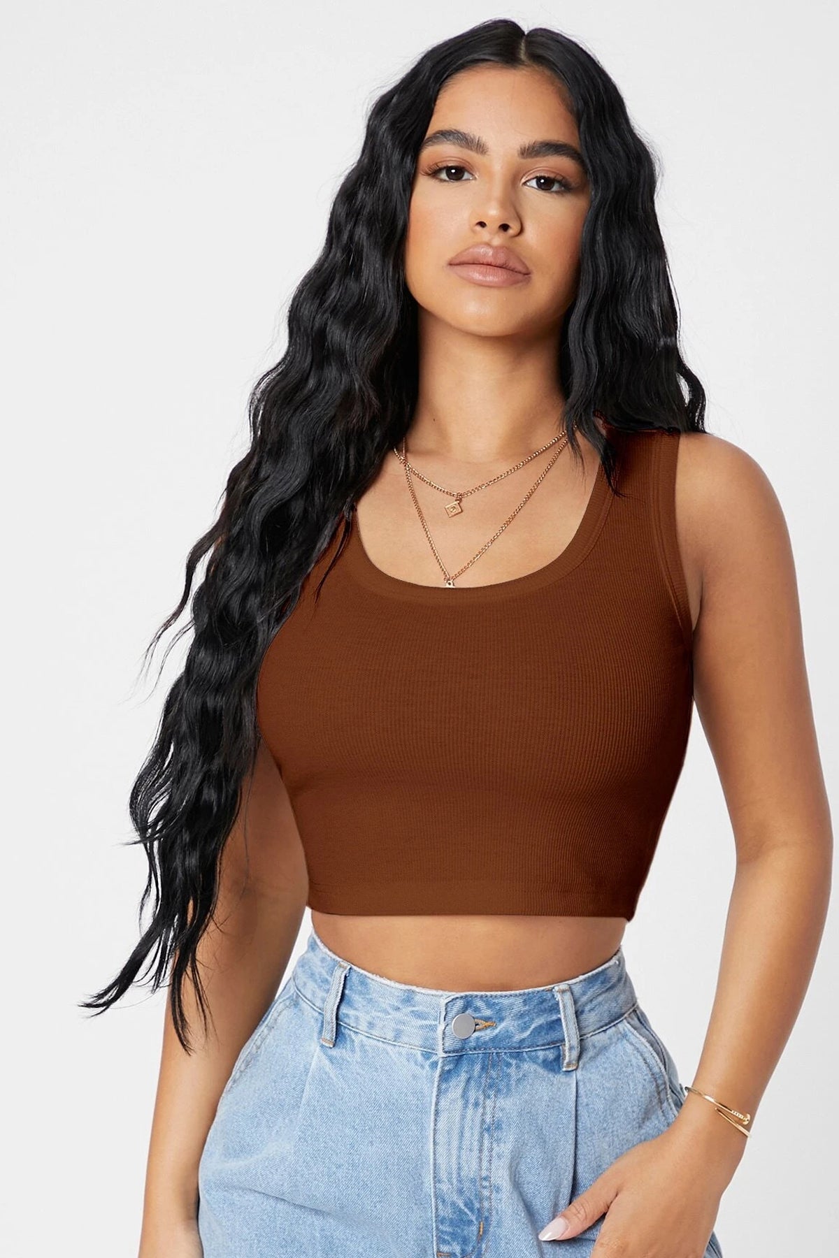 Kadın Kahverengi Kare Yaka Crop Top Bluz - görsel 1